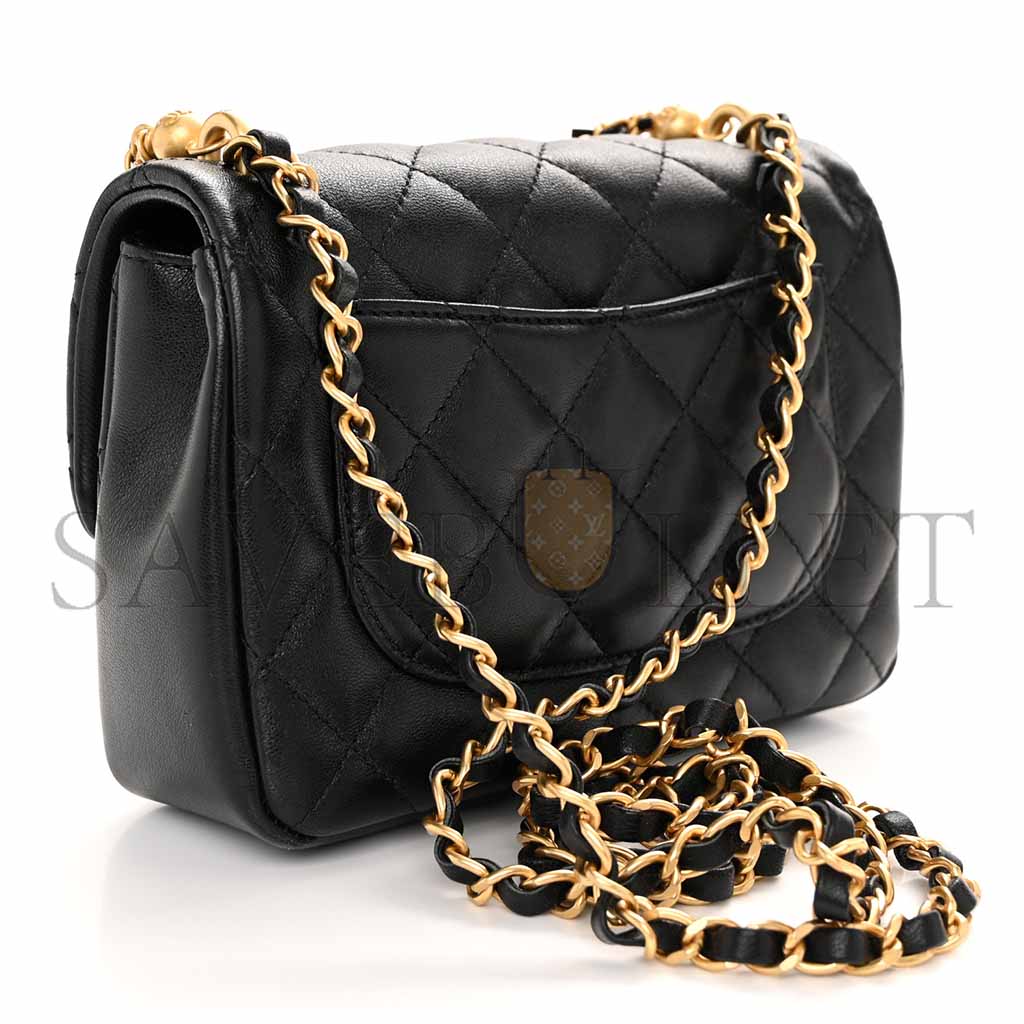 Ch*el shiny lambskin quilted pearl twist mini square flap black as4385 (17*12.5*5cm)